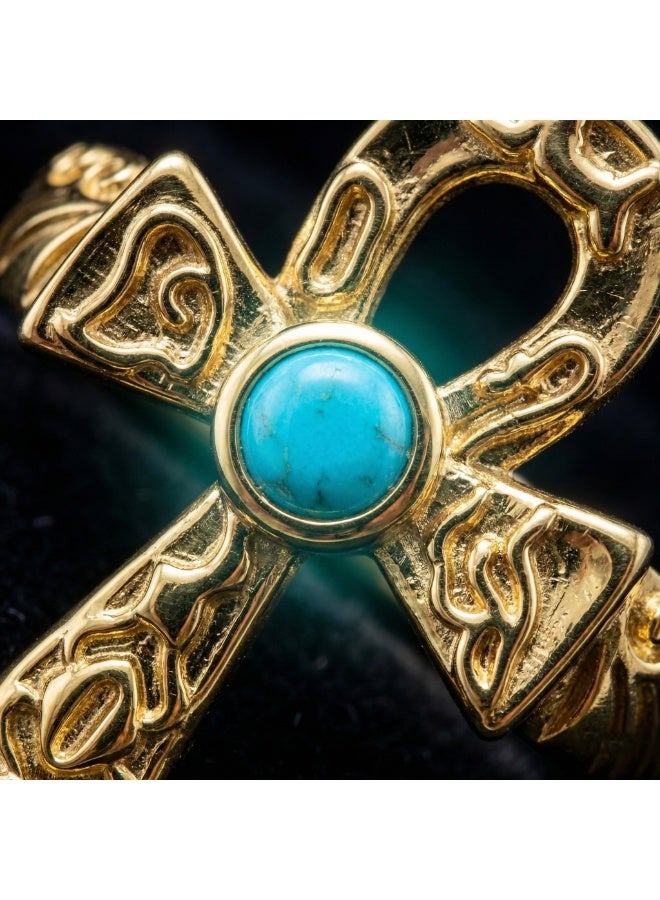 Shein 316 Stainless Steel Ankh Ring – Free Size – Gold Egyptian Life Symbol with Turquoise Stone – Anti‑Rust & Anti‑Fade - Image 3